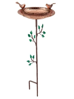 Pure Copper Bird Bath With Two Copper Birds And Tree Multipronged Garden Pole -Deals The Garden & Yard Store 3 4 crop 8613379 04v