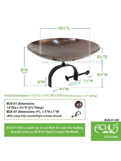 Achla Designs Burnt Copper Birdbath With Over-the-Rail Bracket -Deals The Garden & Yard Store 8609301 03v